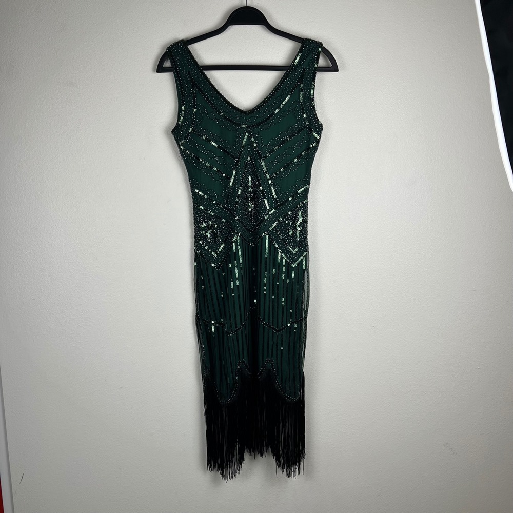 Green Sequin Beaded Flapper Dress XS 1920s Great Gatsby Fringe Costume Halloween - Picture 12 of 13